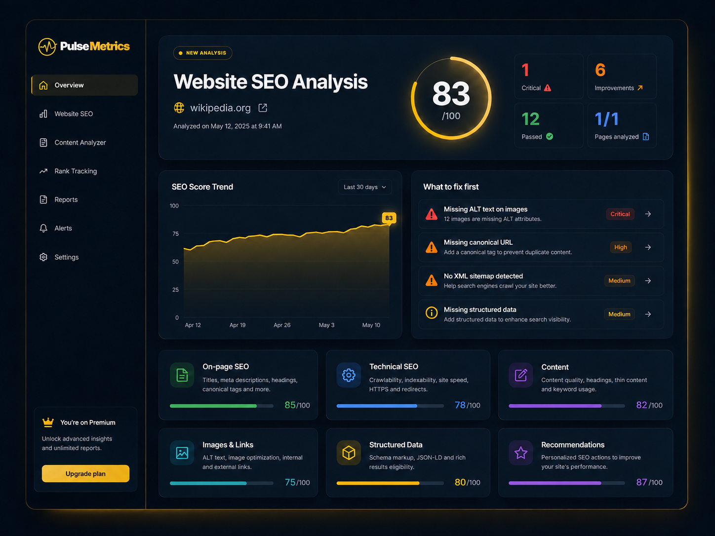 Example PulseMetrics Website SEO report
